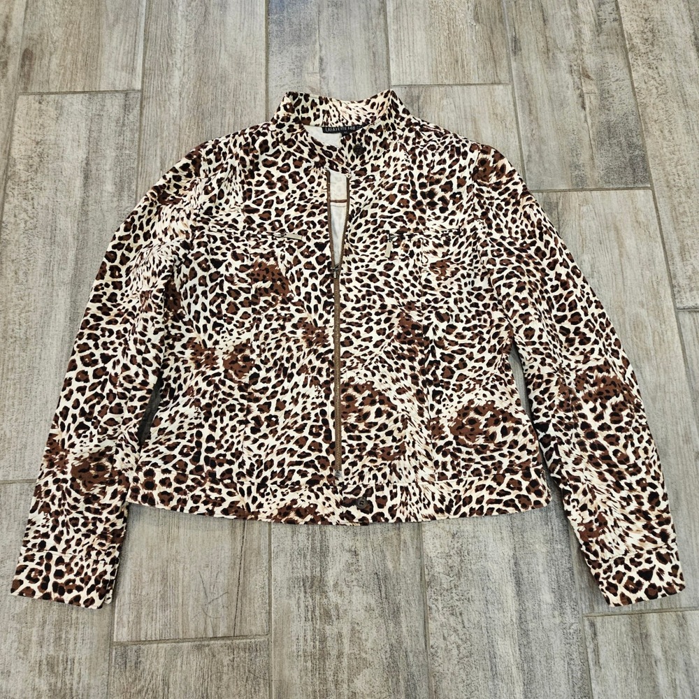 Lafayette 148 New York Leopard Print Zip Front Mock Neck Jacket Womens 10 Animal